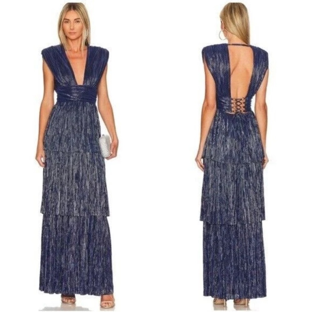 Sabina Musayev Judith Blue Tiered Gown Open Back Maxi Dress Size Small